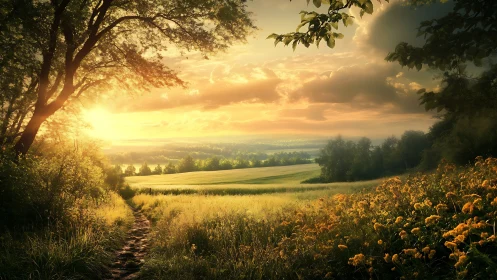 Golden sunrise pours over tranquil fields and forest edge