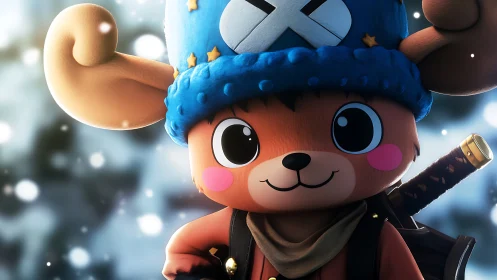 Snowy woodland adventurer with starry hat and bright grin.