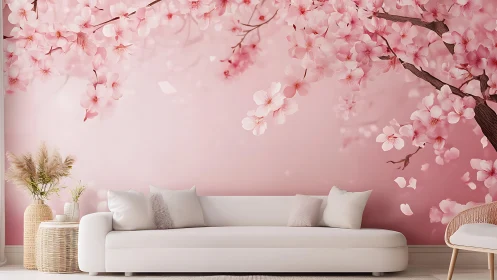Serene pastel lounge framed by blooming cherry mural.