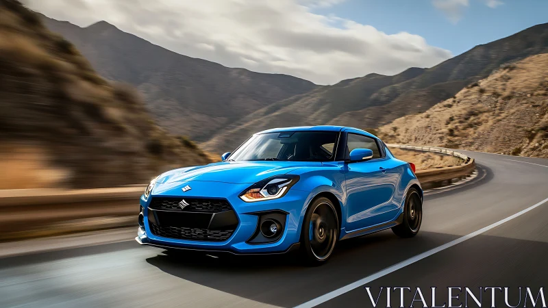 Electric-blue hot hatch carves a luminous arc through mountains