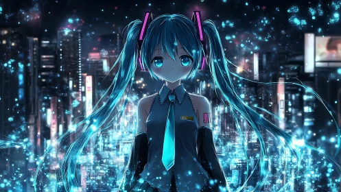 Cyberpunk anime idol with neon hair in luminous cityscape.