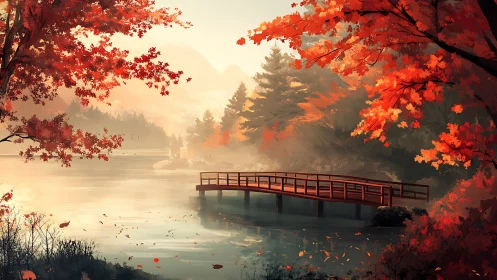 Autumn lake footbridge under glowing misty mountain light.