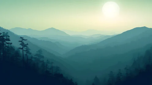 Layered mountain ridges with conifer forest under high sun.