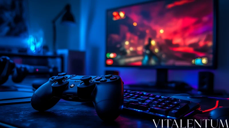 Wireless gamepad on RGB-lit desktop before gaming monitor