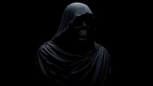 Shrouded skeletal reaper emerging from deep blackness.