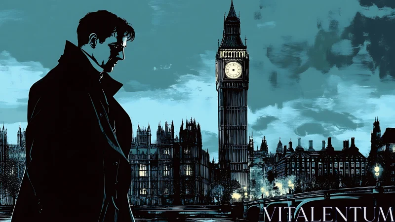 Thoughtful figure wandering beside London&rsquo;s glowing clocktower.