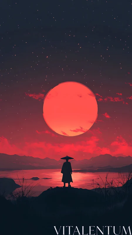 Solitary wanderer quietly greets a towering crimson moon