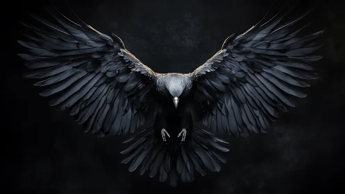 Dark-plumage raven captured mid-flight in dramatic chiaroscuro