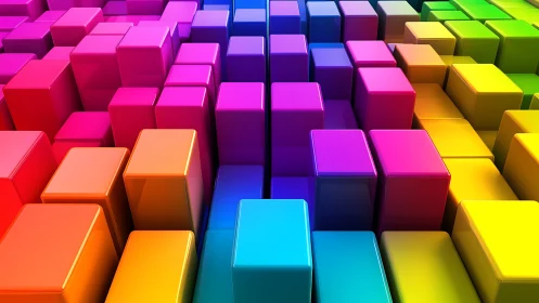 Vibrant 3D color blocks forming glossy geometric cityscape.