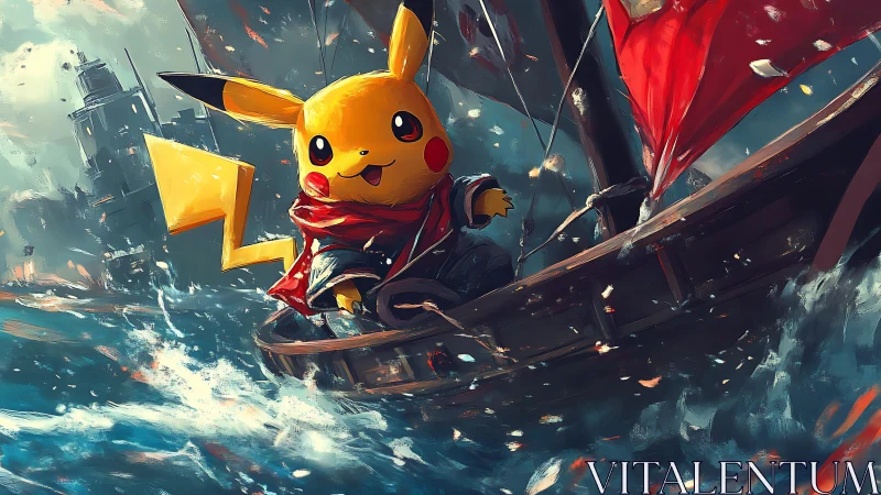 Pikachu navigates storm-tossed seas in dynamic painterly style