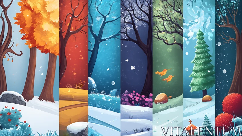 Seasonal forest panorama rendered in vertical story panels.