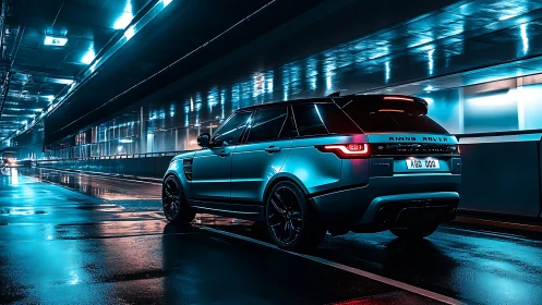 Midnight city tunnel cruise with a sleek teal SUV glow.