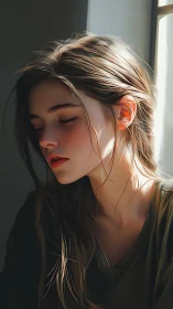 Soft morning light rests gently on a thoughtful young woman