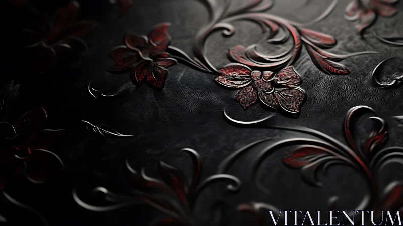 Embossed black surface with red floral ornamental pattern.
