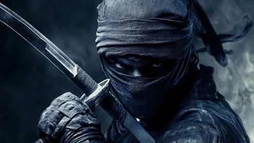 Silent ninja warrior holds a gleaming katana in shadowed focus