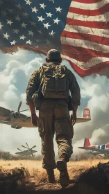 Military aviator strides toward propeller fleet beneath flag.