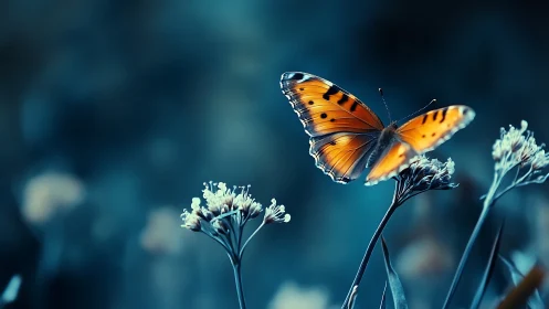 Orange butterfly rests on flower stems in shallow focus