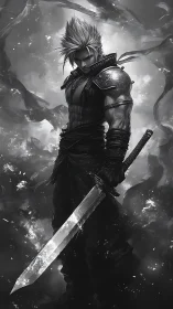 Monochrome anime swordsman in dramatic chiaroscuro lighting.