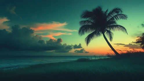 Solitary palm leans into teal dusk over whispered tides.