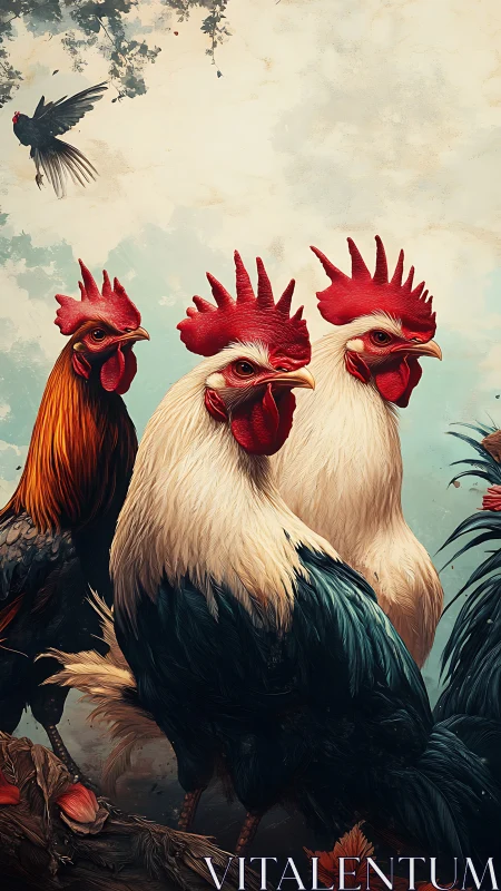 Three roosters with red combs rendered in classical avian portraiture style.