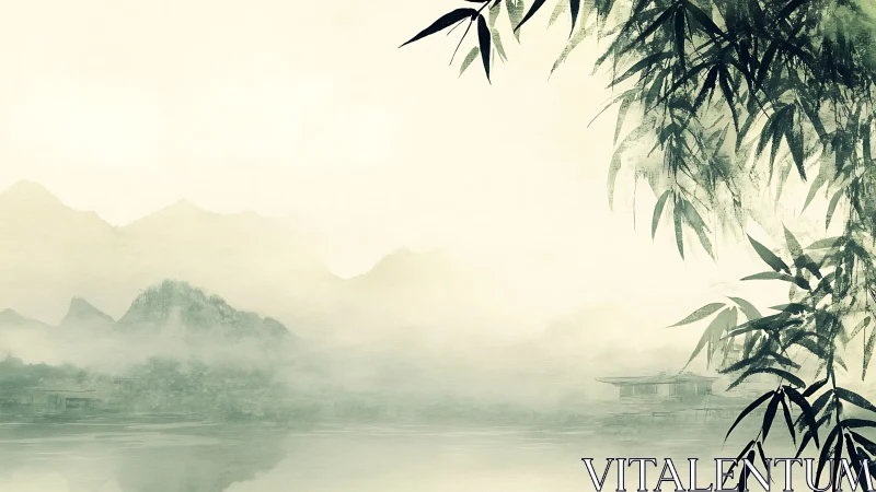 Quiet bamboo morning over misty mountains and water.