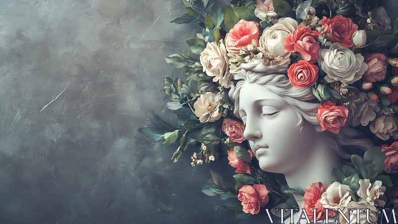Neoclassical marble bust entwined with hyperreal botanical wreath.