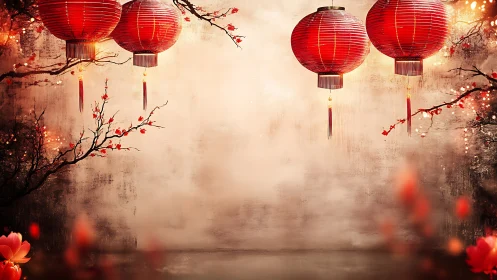 Red lanterns hanging over floral branches on soft background.
