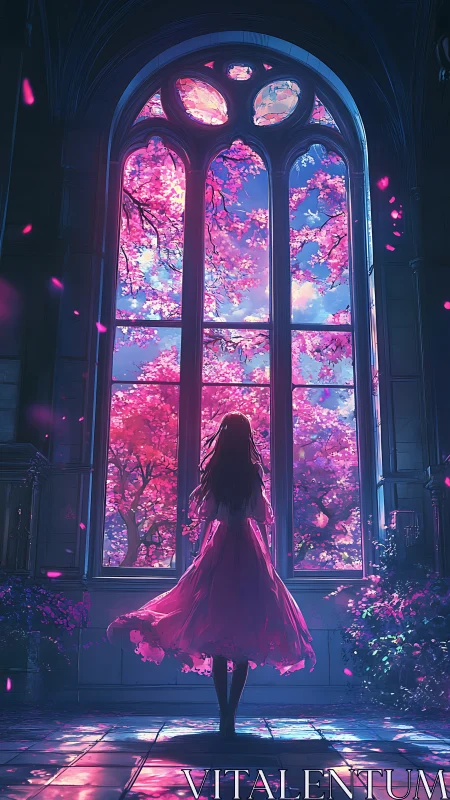 Digital painting of girl at gothic window with sakura vista.