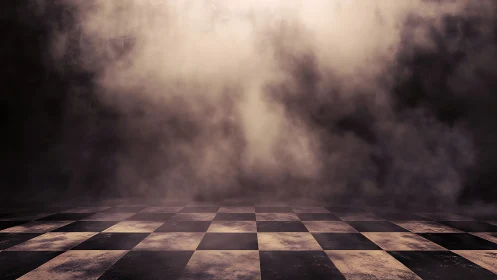 Moody checkered floor quietly meets soft swirling fog