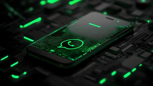 Encrypted chat icon glows over circuit board smartphone.