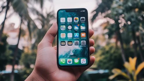 Someone holds a modern iPhone displaying a vibrant app home screen