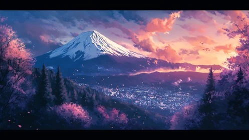 Sunlit Mount Fuji rises over a cherry blossom cityscape at dusk