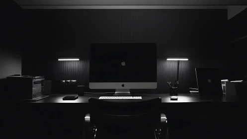 Minimalist dark workstation with Apple desktop computer.