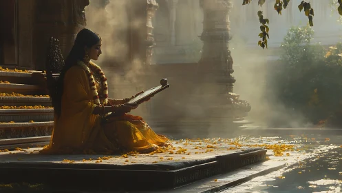 Woman in golden sari studies scripture by a misty temple pool.
