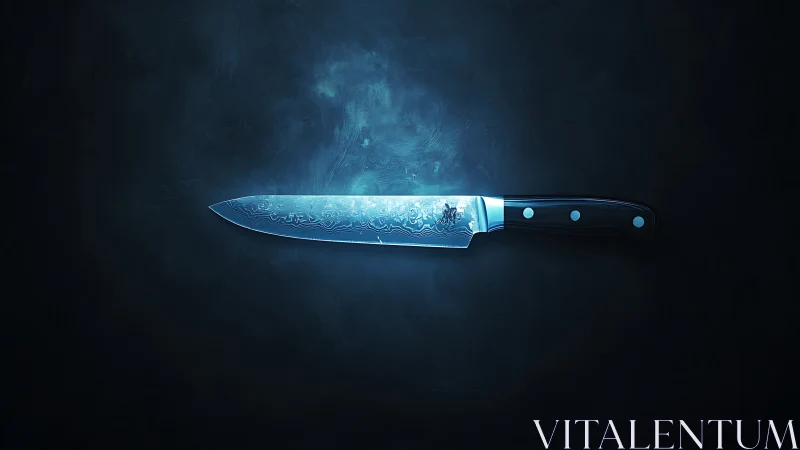 Ornamental Chef's Knife with Luminous Blue Etch Against Dark Gradient Background.