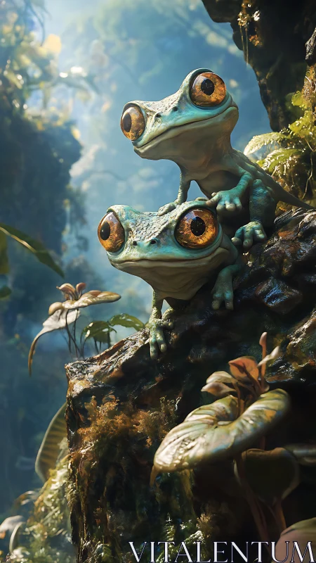 Bioluminescent-eyed tree frogs on mossy jungle outcrop.