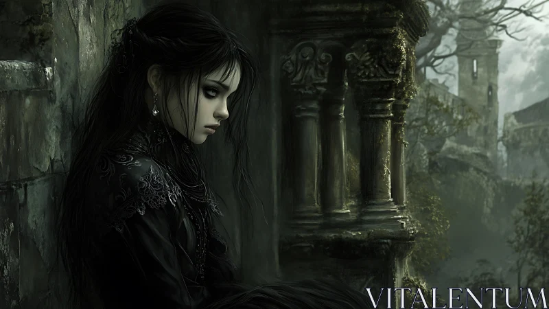Gothic maiden brooding beside crumbling castle ruins.