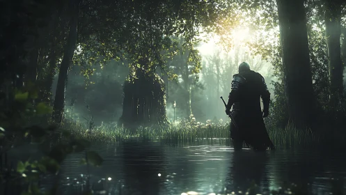 Armored warrior stands in shallow forest water at sunrise