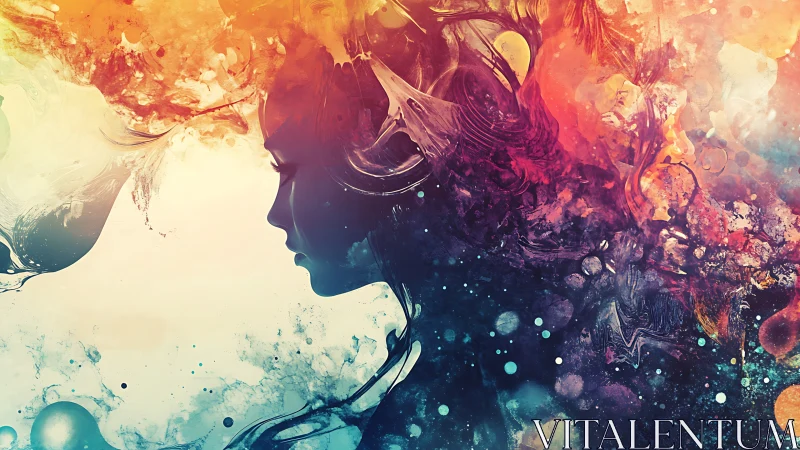 Silhouette profile dissolves into molten cosmic color storm