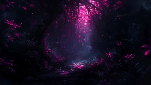 Bioluminescent forest corridor with magenta foliage illumination