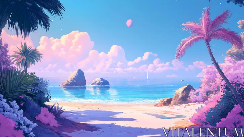 Tropical Paradise Beach with Pink Palms and Turquoise Waters.