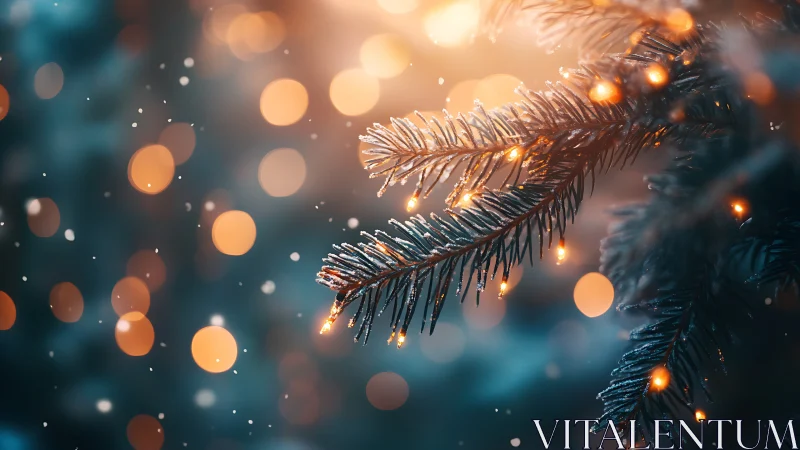 Macro evergreen branch with icy needles and warm festive bokeh