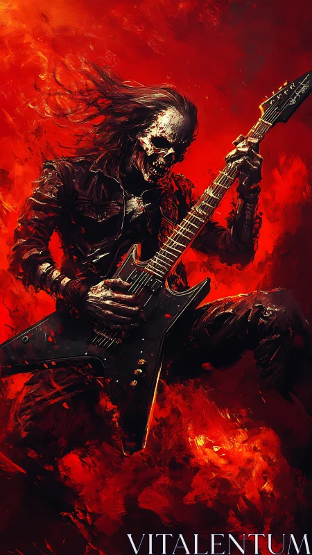 Infernal skeletal guitarist shredding in molten red flames.