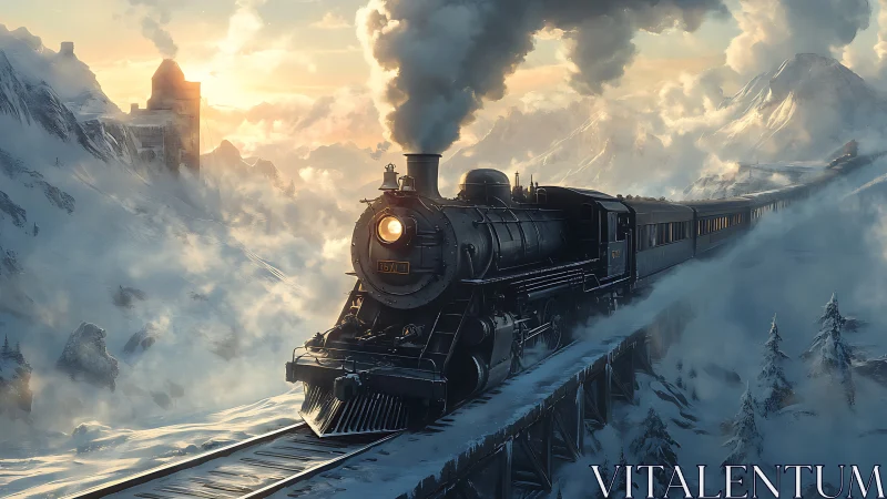 Steam train crossing snowy mountain bridge at sunset.
