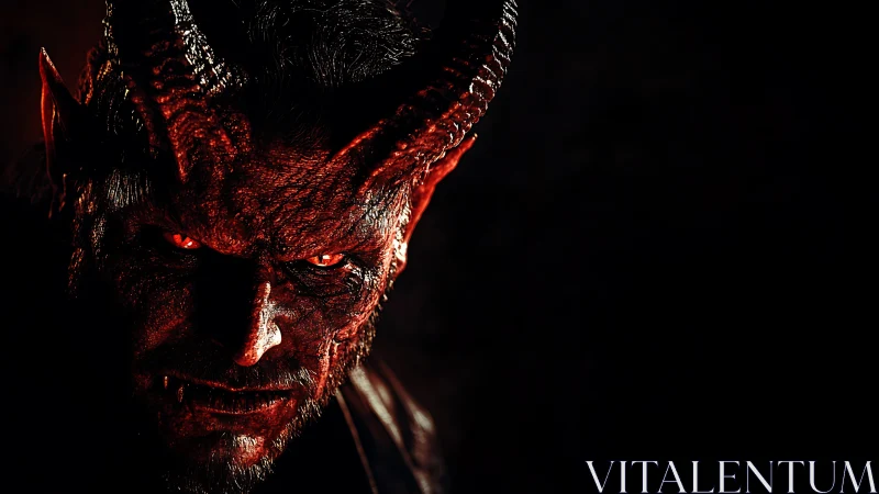 Demonic horned figure stares forward under hard red lighting