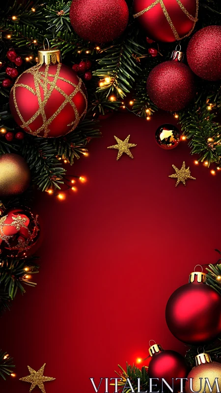 Red Christmas baubles frame with golden stars and lights.