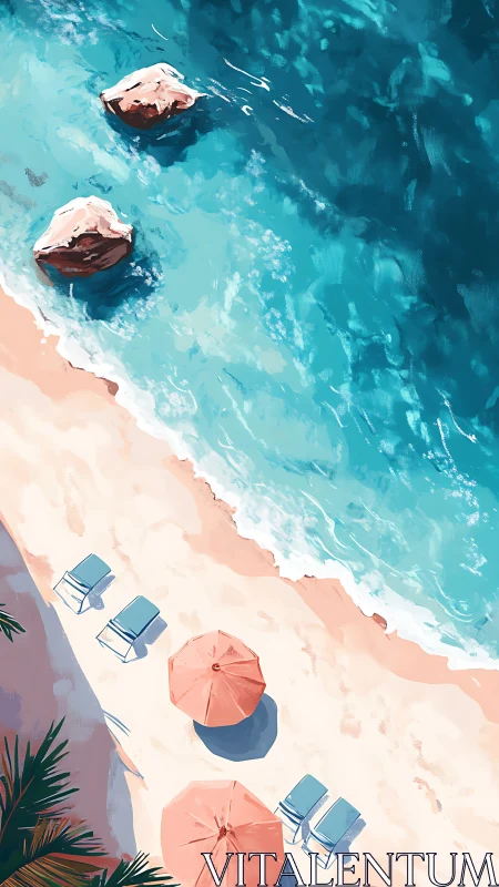 Tropical beach shoreline with chairs, umbrellas, and rocks.