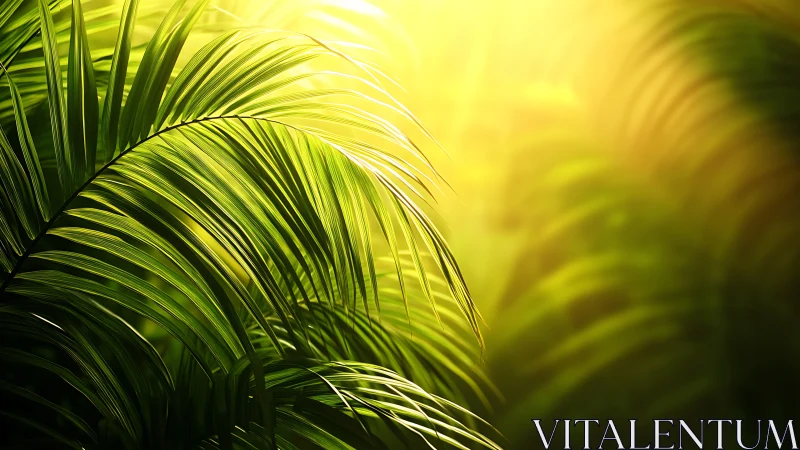 Sunlit palm leaves glowing softly in golden morning light.