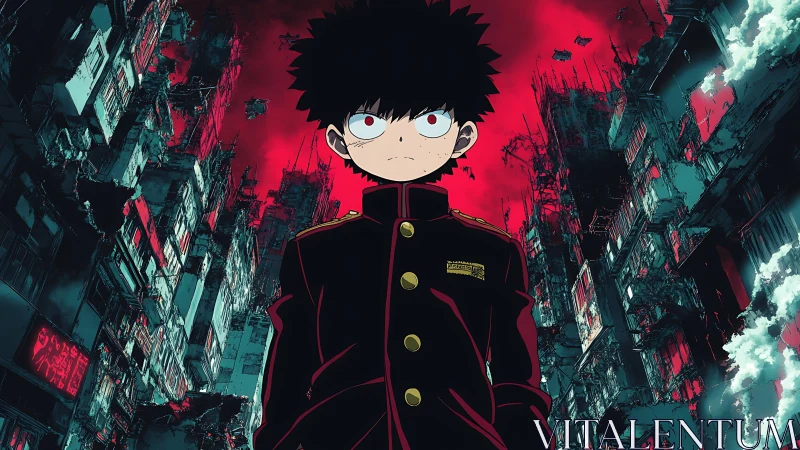 Psychic schoolboy confronts decayed high‑rise ruins under crimson sky