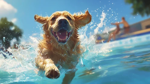 Dog moves through swimming pool water in low frontal view